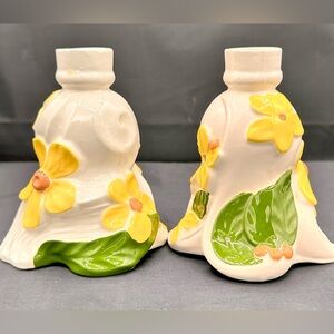 Vintage Holland Mold Ceramic Candle Stick Holders Yellow Green Glazed Floral